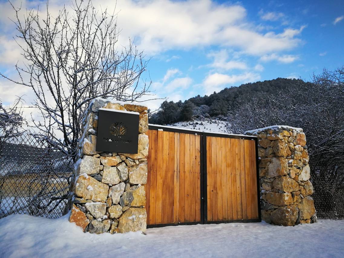 雪中的石墙大门